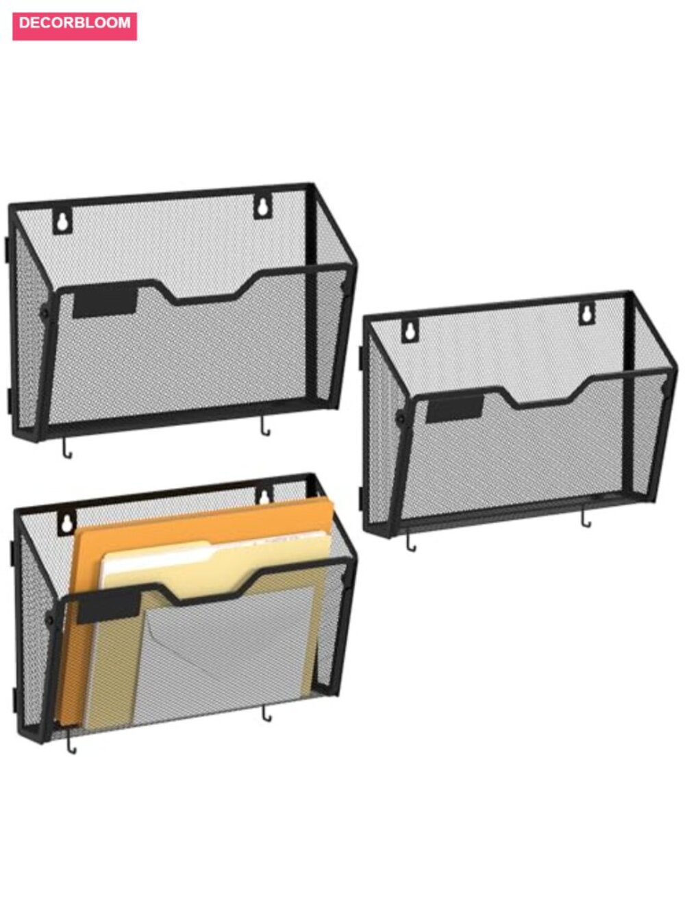 3-Pack Wall Mounted Mesh File Folder Organizer with Hooks, Black